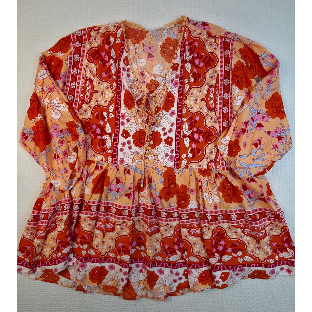 HECCPLI Tunic Top Women Medium Orange Floral Peplum Lace Up Boho Nwt